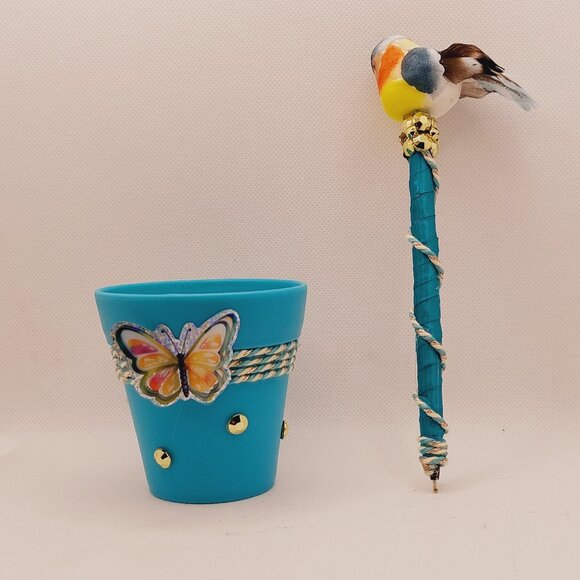 Blue Bird Pen Set with Small Turquoise Decorative Flowerpot Organizer - Picture 3 of 4
